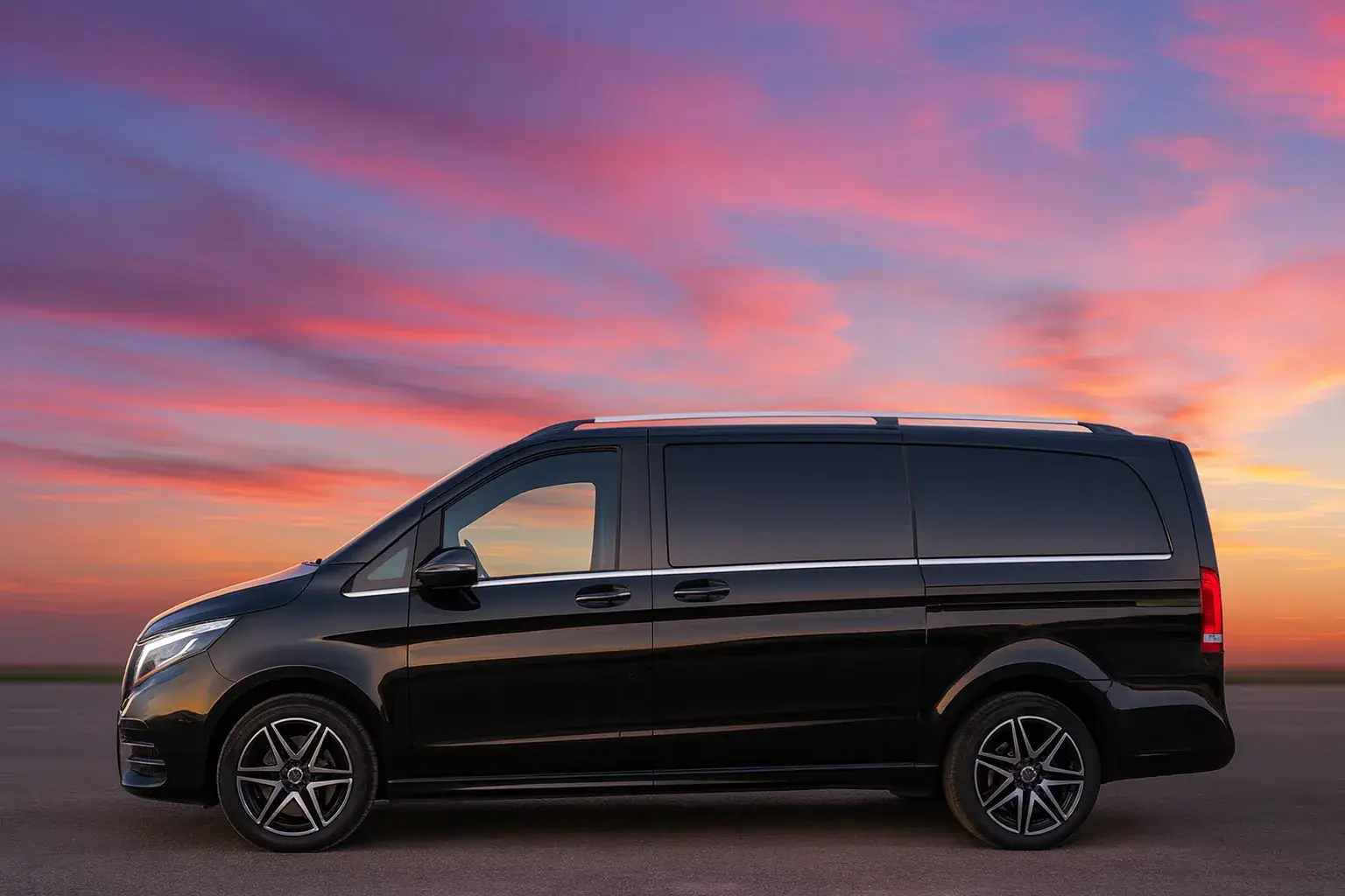 Taxi Biest-Houtakker – Luxe Mercedes V-Class bij zonsondergang