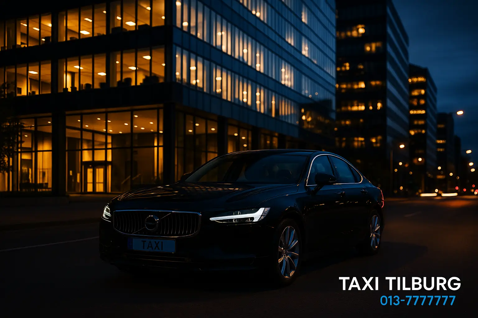 Zakelijke taxi Tilburg – Volvo S90 bij modern kantoorpand